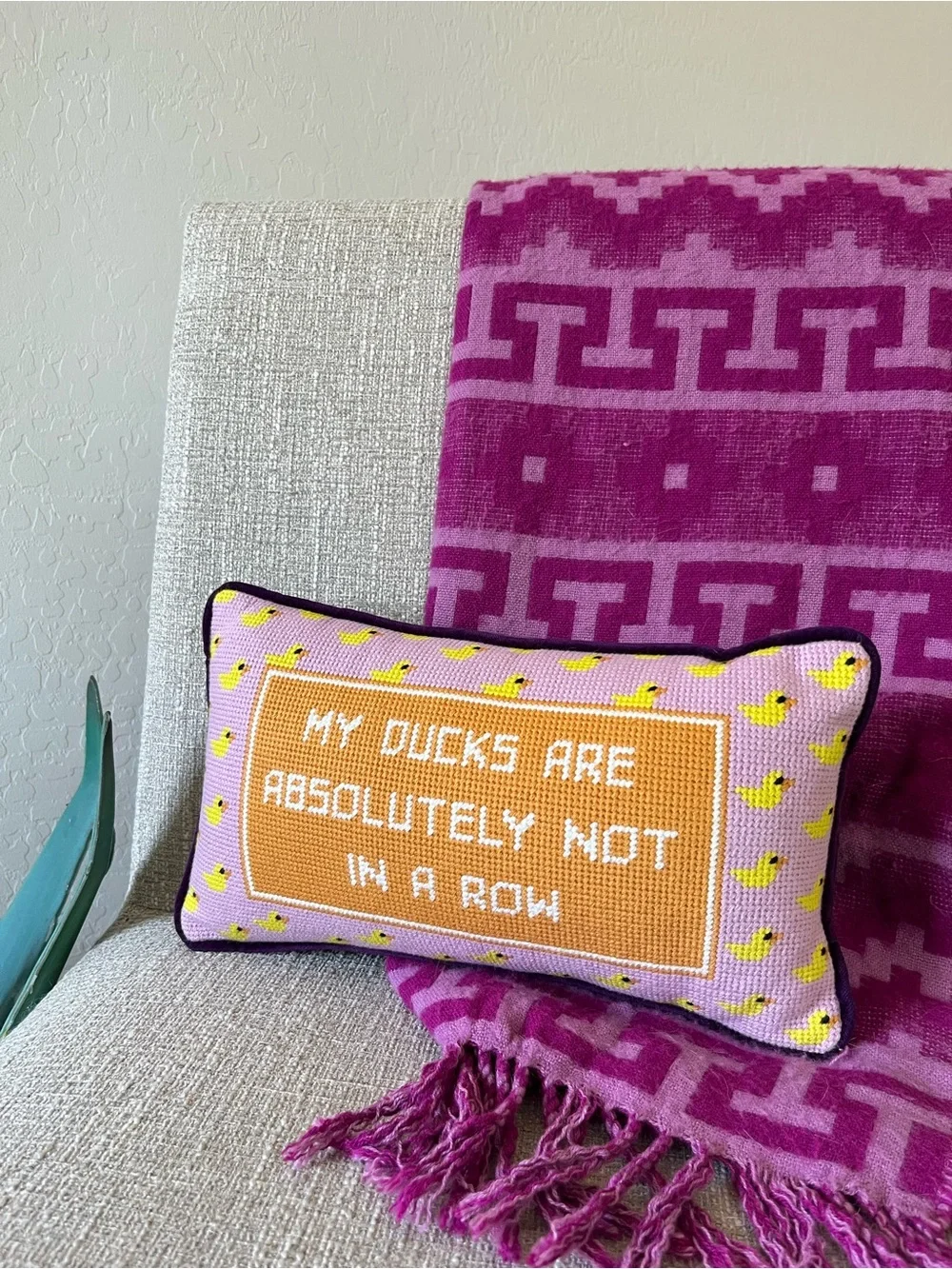 Furbish Studio Ducks in a Row Needlepoint Accent Pillow NWT 8x14 Purple